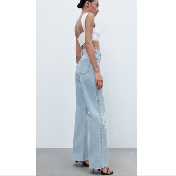 BRAND NEW! INFLUENCER ZARA High Rise Ripped Wide Leg Light Blue Jeans Size 2 - Picture 11 of 15
